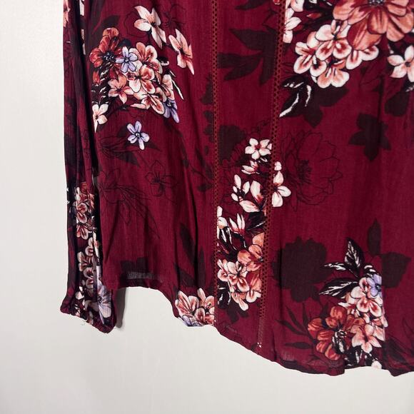 Francescas Hem & Thread M Burgundy Red Floral Keyhole Tie Long Sleeve Blouse Top - Picture 4 of 8